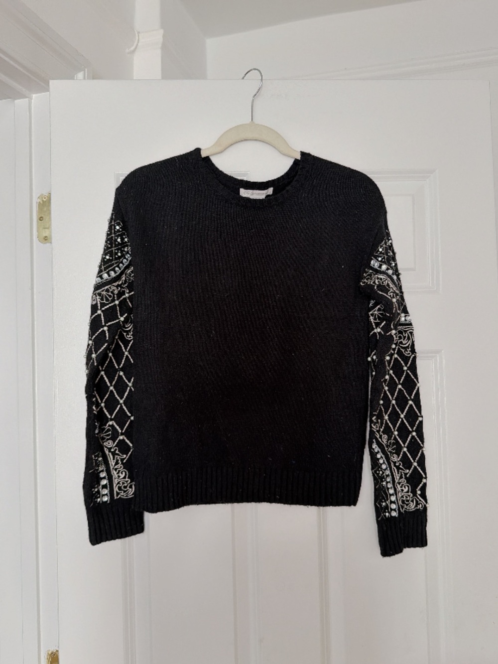 Black Embroidered Sleeve Crewneck Sweater